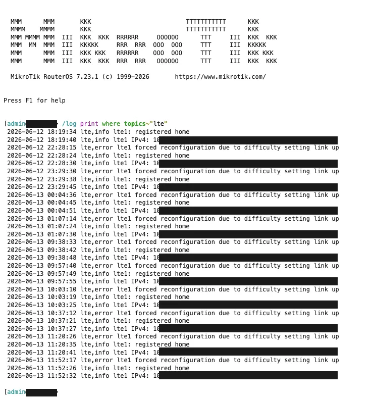 Log MikroTik RouterOS 7.23.1 — powtarzające się błędy lte error forced reconfiguration due to difficulty setting link up co kilkadziesiąt minut