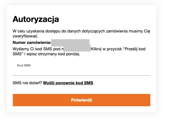 Autoryzacja dostępu do zamówienia Orange kodem SMS