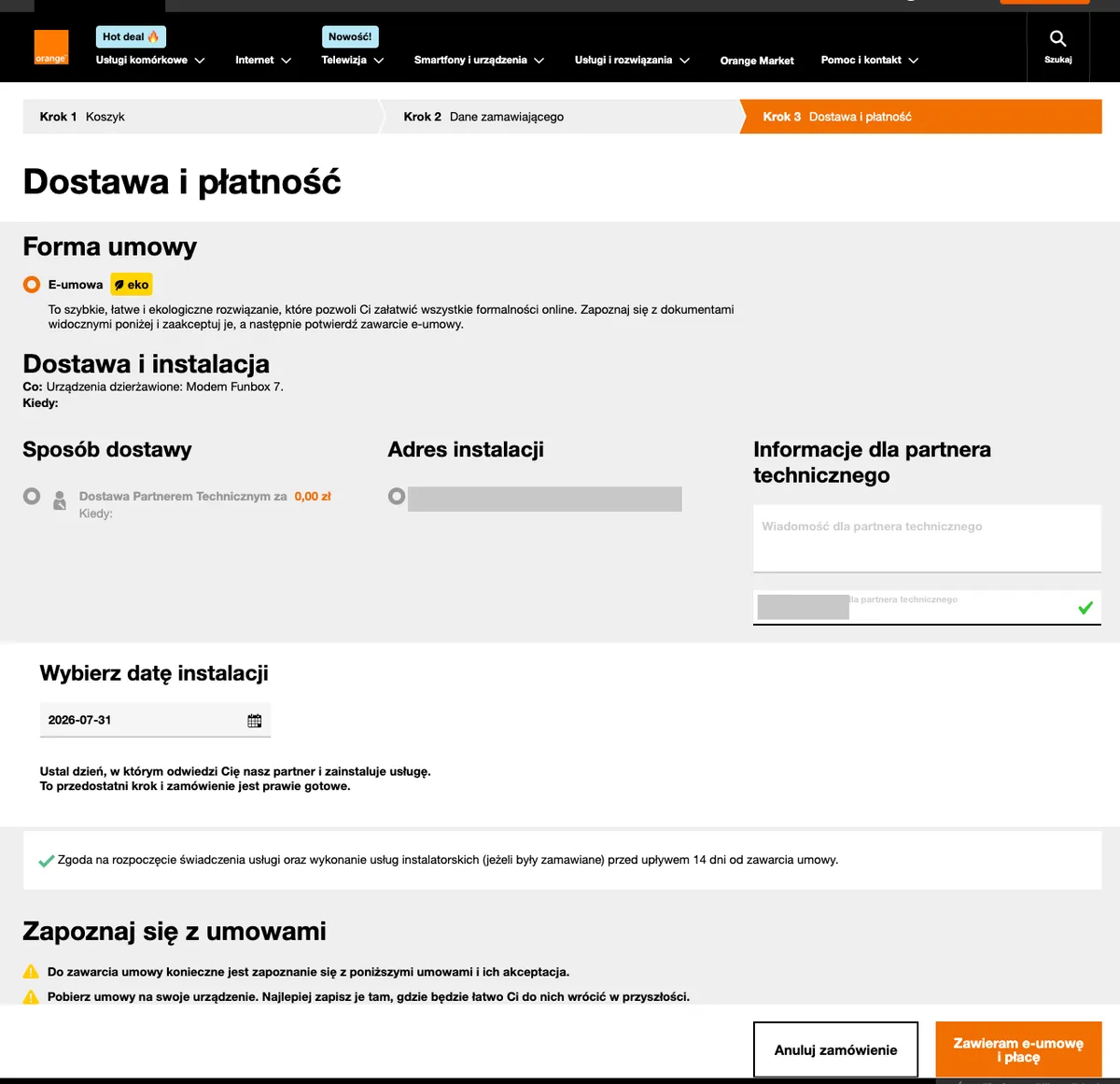 Krok 3 zamówienia Orange — dostawa, instalacja światłowodu i wybór terminu z kalendarza
