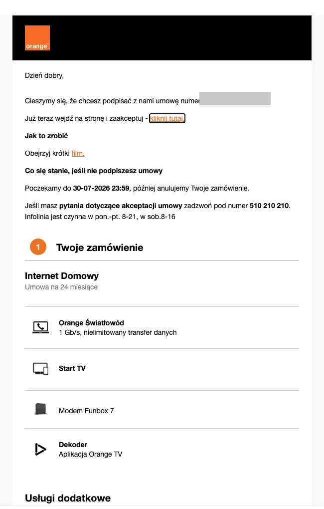 E-mail od Orange z potwierdzeniem zamówienia światłowodu 1 Gb/s i linkiem do akceptacji e-umowy