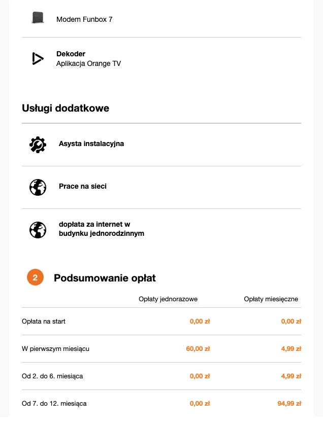 Podsumowanie opłat w zamówieniu Orange — opłaty jednorazowe i miesięczne