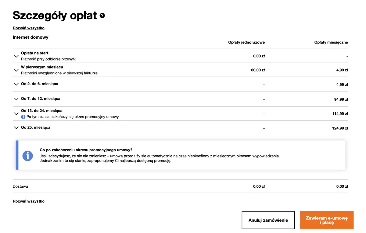 Szczegóły opłat Orange rozpisane na cały okres umowy, łącznie z ceną po okresie promocyjnym